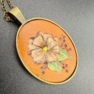 Vintage Bronze Floral Pendant Necklace With Hand-Painted Leather Flower On Chain